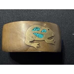 Copper Cuff Bracelet W/ Brass Frog Vintage Mexico Reconstituted Turquoise